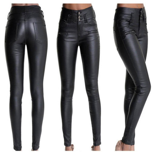 Women stretchy faux leather pants, skinny high waist - Plushlegacy