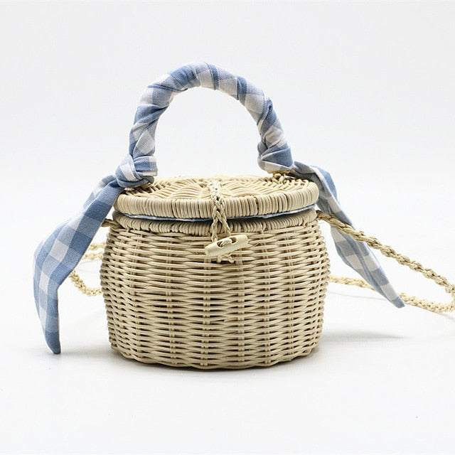 New rattan bag handbag lattice silk scarf portable straw bag cylinder small jar beach bag - Plushlegacy