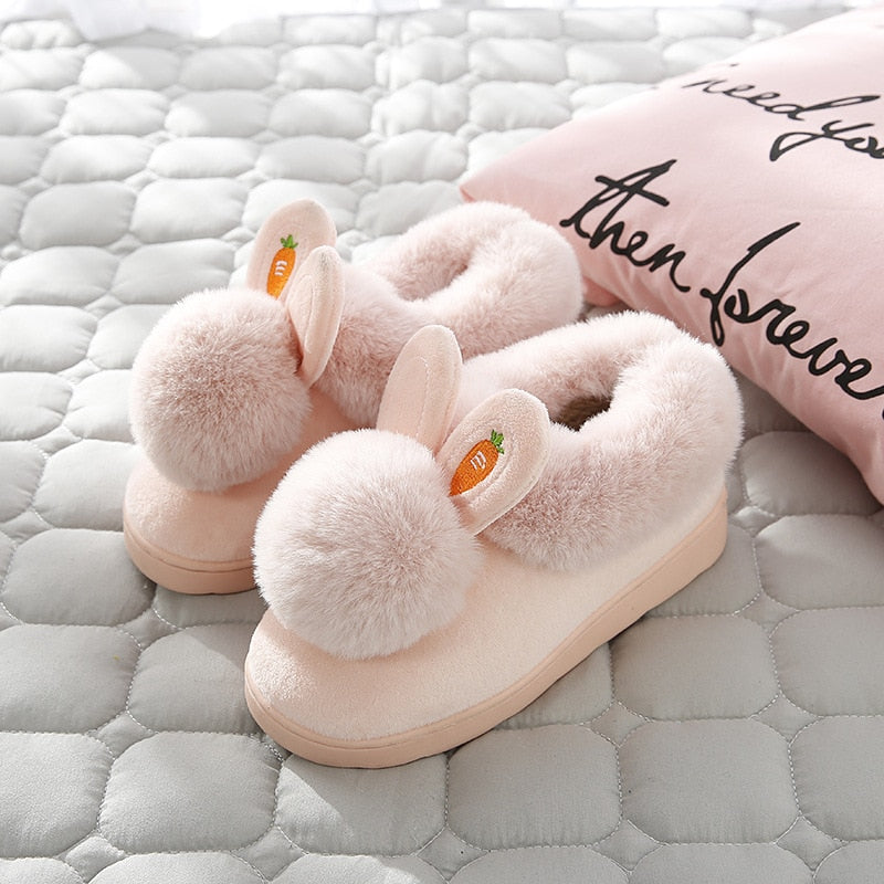 Winter Cotton Slippers Indoor Thick Bottom  Autumn Winter Warm Shoes Cute Lovely Rabbit Ear Plus Plush Slippers Shoes Women - Plushlegacy
