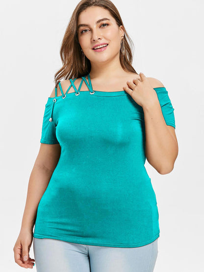 Plus Size Off The Shoulder Strappy Women T-shirt - Plushlegacy