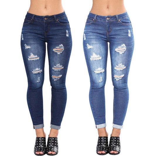 Denim pants with ripped holes - Plushlegacy