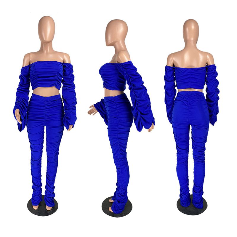 Spring Summer Two Piece Set Women Solid One Shoulder Shirring 2 Piece Sets Pant Suits Club Outfits Streetwear Wholesale Items - Plushlegacy