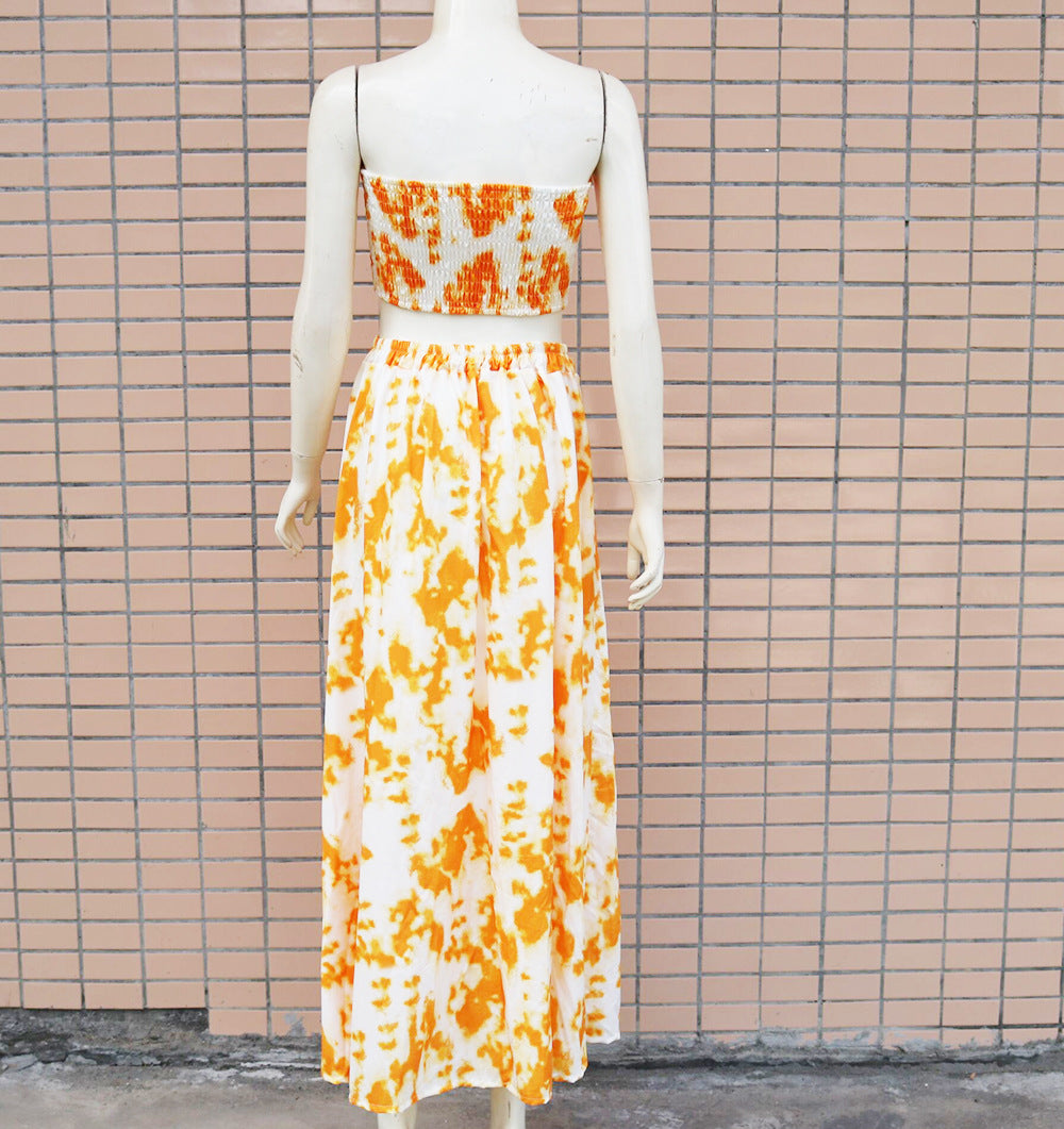 Printed Bandeau  Strapless Crop Tops & Slit Maxi Skirts Set Summer Women Two Piece Set - Plushlegacy