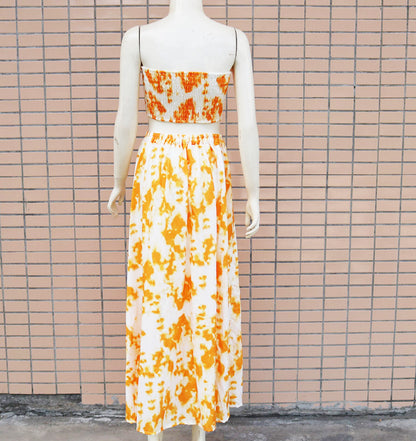 Printed Bandeau  Strapless Crop Tops & Slit Maxi Skirts Set Summer Women Two Piece Set - Plushlegacy