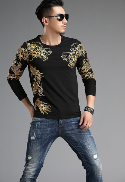 Chinese style  tide male Long sleeve t-shirt round neck Slim 3D dragon shirt Lycra cotton - Plushlegacy