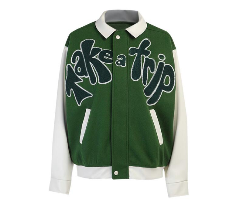 Bomber Jacket Women Green Contrast Sleeve PU Leather Coat Outerwear TAKE A TRIP Letter Applique Female Autumn Baseball Jackets - Plushlegacy