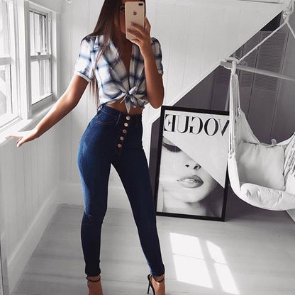 high waist hip slim breasted new jeans women trousers cross-border - Plushlegacy