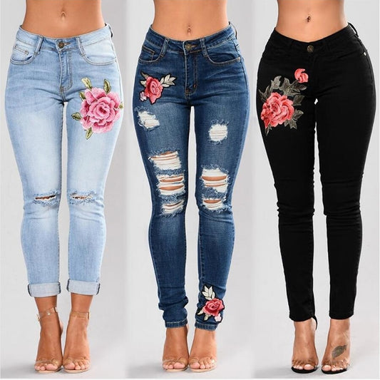 Stretch Embroidered Jeans For Women Elastic Flower Jeans Female Slim Denim Pants Hole Ripped Rose Pattern Jeans Pantalon Femme - Plushlegacy