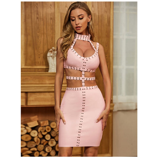 Women Sleeveless O Neck Cut Out Rivet Pink Bodycon Summer Dress  Fashion Female Club Casual Dress Vestidos - Plushlegacy