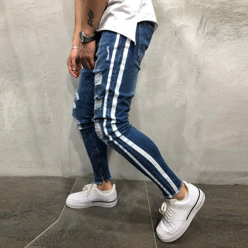 Ripped Side Striped Jeans Fashion Streetwear Mens Skinny Stretch Jeans Pants Slim Casual Denim Jeans jeans hombre - Plushlegacy