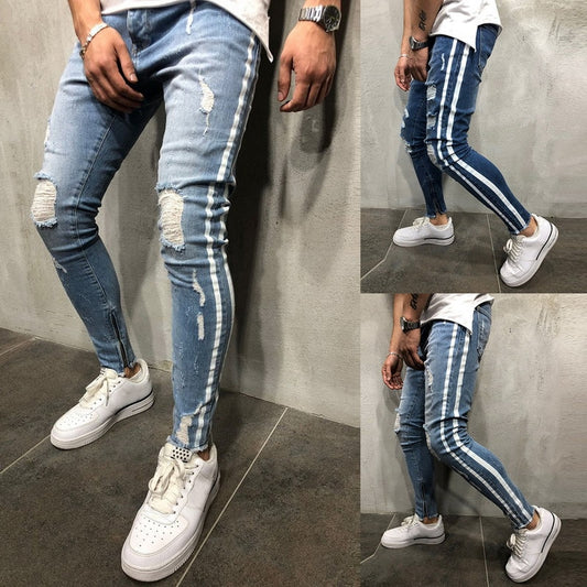 Ripped Side Striped Jeans Fashion Streetwear Mens Skinny Stretch Jeans Pants Slim Casual Denim Jeans jeans hombre - Plushlegacy