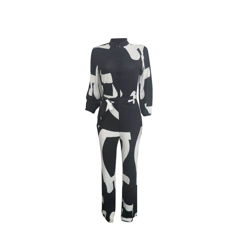 Autumn new sexy long sleeved lace up printed jumpsuit women - Plushlegacy