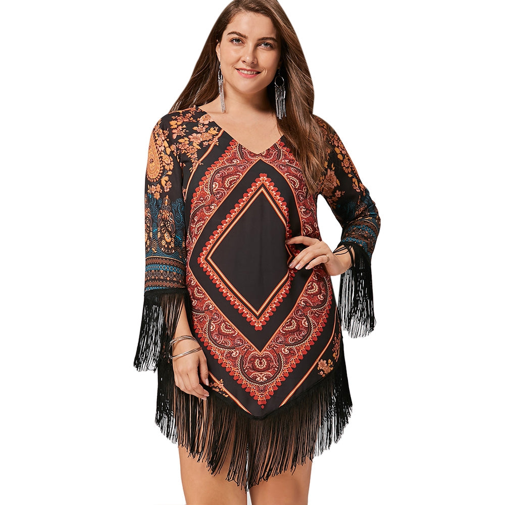 Plus Size Tribal Printed Chiffon Tassel Dress - Plushlegacy