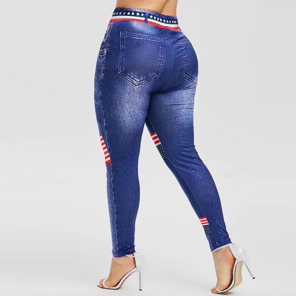 Women High Waist long Pants Plus Size 3D Jean Print American Flag Leggings Casual Pant Legging Athletic - Plushlegacy