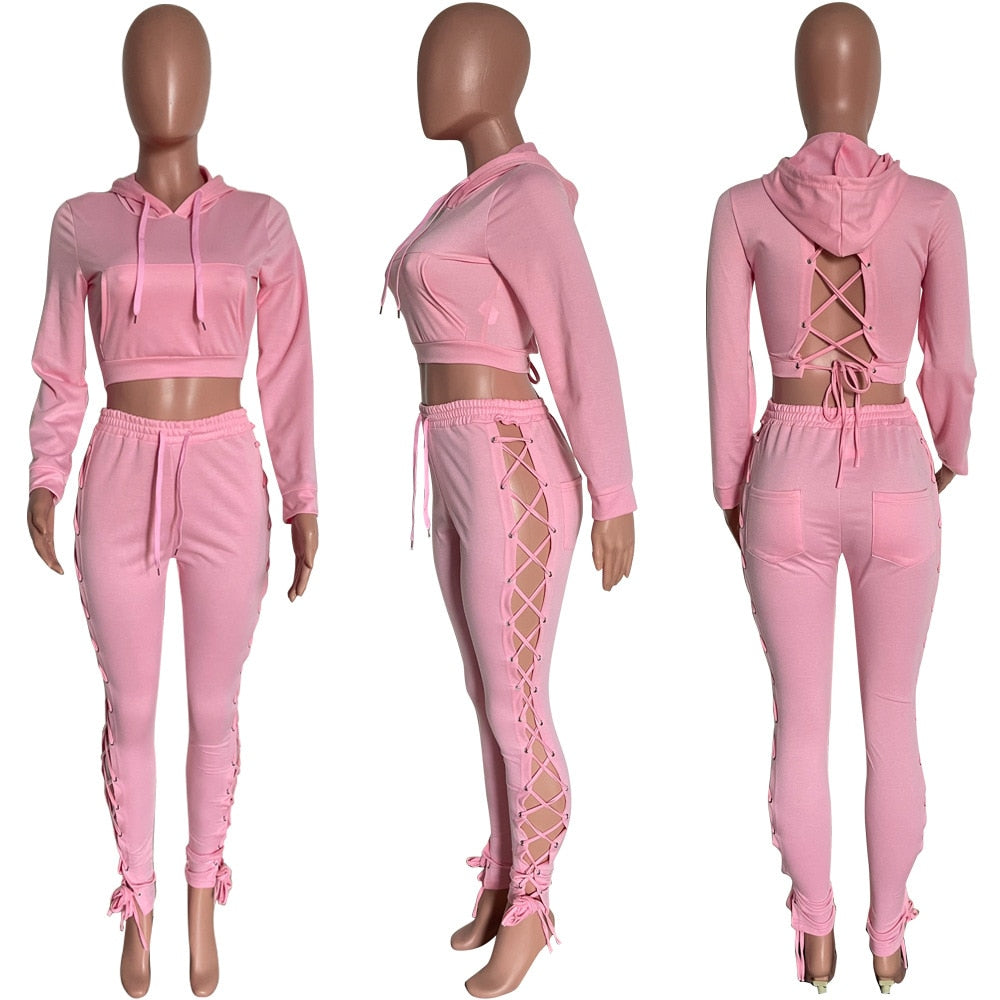 Autumn Women Tracksuit Two Piece Set Backless Hollow Out Bandage Solid Color Party Night Clubwear Sportsuit Clothes For Women - Plushlegacy