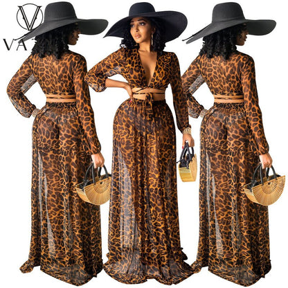 VAZN Spring and Summer European and American Women's Leopard Print Chiffon Print Skirt Set of 2 Pieces (Without Underwear) - Plushlegacy