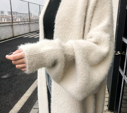Lazy temperament thickened imitation mink velvet knitted cardigan mink sweater coat coat female loose bat mid-length - Plushlegacy