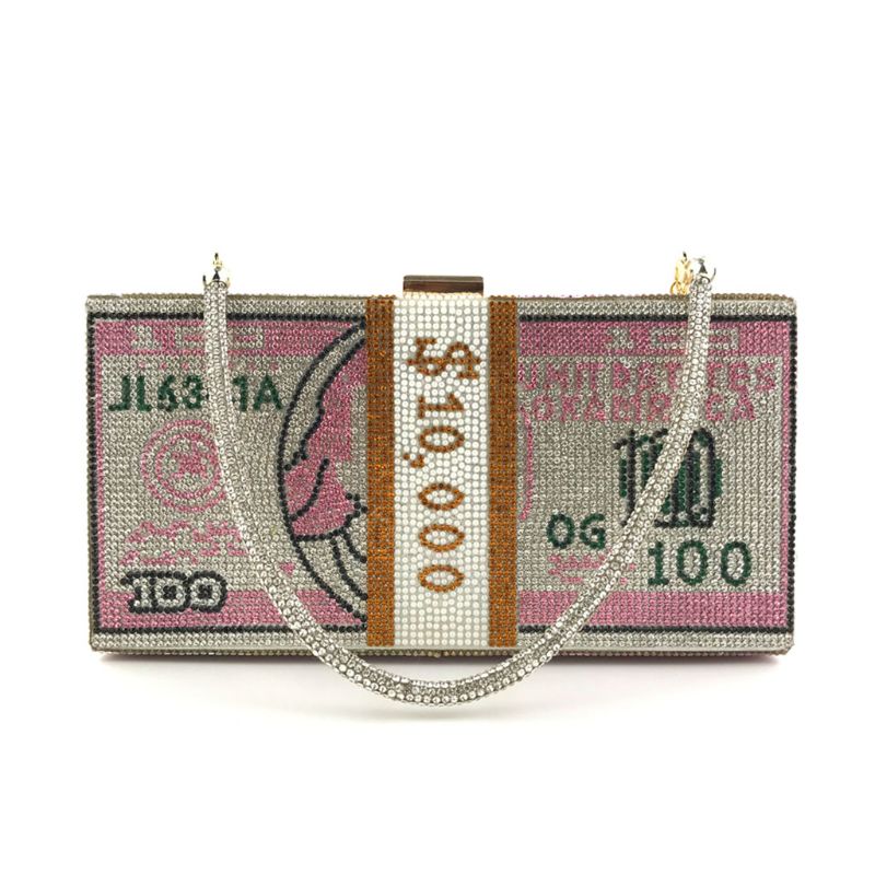 Money Clutch Rhinestone Purse 10000 Dollars Stack of Cash Evening Handbags Shoulder Wedding Dinner Bag 8 Color - Plushlegacy