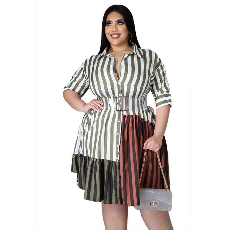Plus Size Clothing for Women Dress Wholesale  Fashion Streetwear Patchwork Striped Office Lady Shirts Midi Dress - Plushlegacy