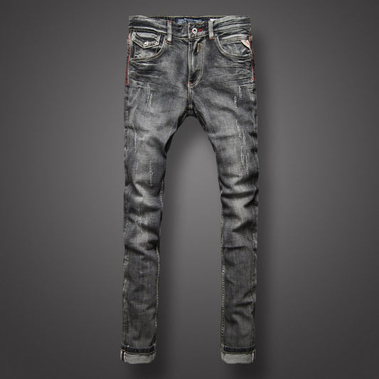 Black Gray Color Denim Mens Jeans High Quality Italian Style Retro Design Slim Fit Ripped Jeans - Plushlegacy