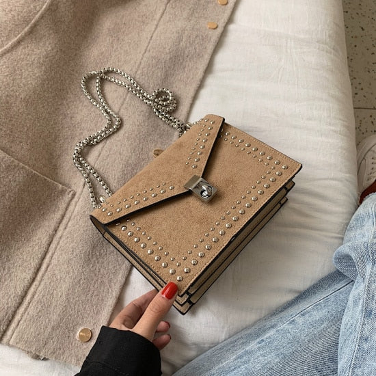 Scrub Leather Brand Designer Shoulder Simple Bags For Women Chain Rivet Luxury Crossbody Bag Female Fashion Small Handbags - Plushlegacy