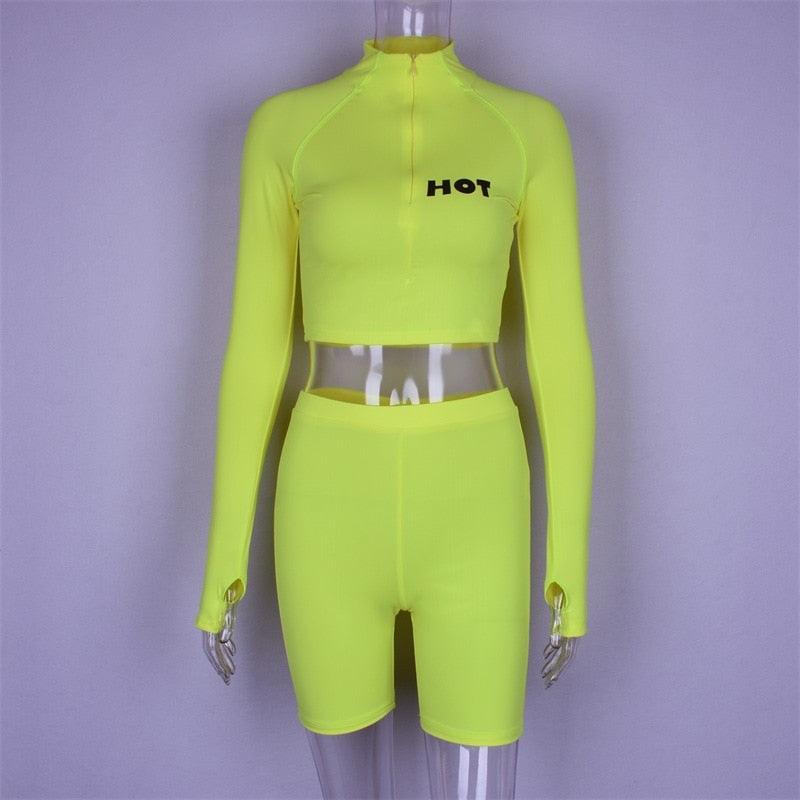 2 Piece Set Women Tracksuit Long Sleeve Crop Top and Biker Shorts Matching Sets Neon Sweatsuit - Plushlegacy