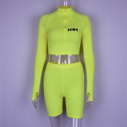 2 Piece Set Women Tracksuit Long Sleeve Crop Top and Biker Shorts Matching Sets Neon Sweatsuit - Plushlegacy