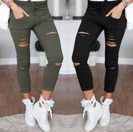 Skinny Jeans Women Denim Pants Holes Destroyed Knee Pencil Pants Casual Trousers Black White Stretch Ripped Jeans - Plushlegacy