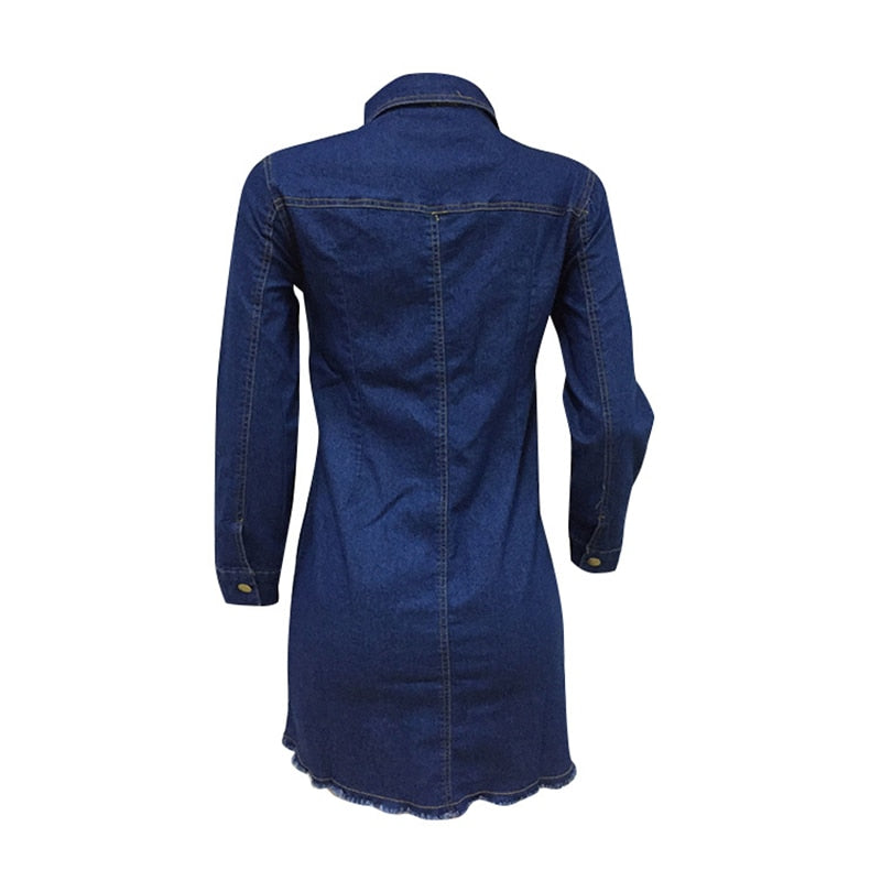 Women  Holes Jeans Dress Buttons Up Turn Down Collar Long Sleeve Denim Mini Night Club Party Dresses - Plushlegacy