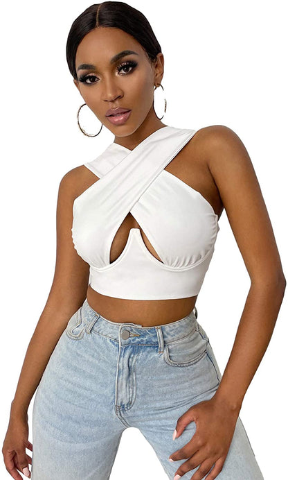 Women's Criss Cross Tank Top Sleeveless Solid Color Cutout Front Crop Tops Party Club Streetwear Summer  Top - Plushlegacy
