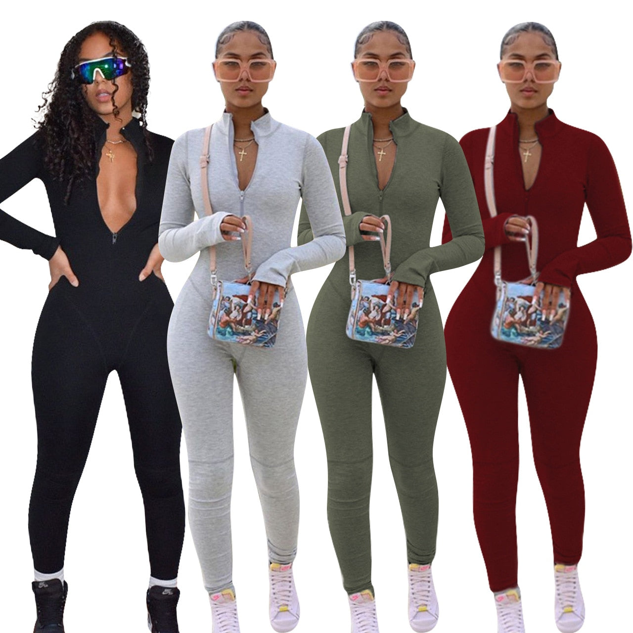 Echoine Zipper Long Sleeve Jumpsuit Green Gray Skinny Bodycon Rompers Autumn Rompers Party Clubwear Outfits Overalls Women - Plushlegacy