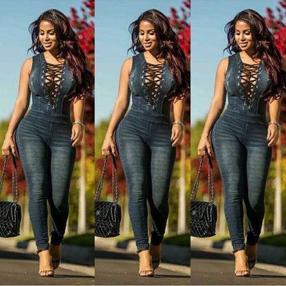 New Style 2XL Size Denim Rompers Overalls Women Skinny Jeans  Blue Lace-up V Neck Sleeveless Denim Jumpsuits - Plushlegacy