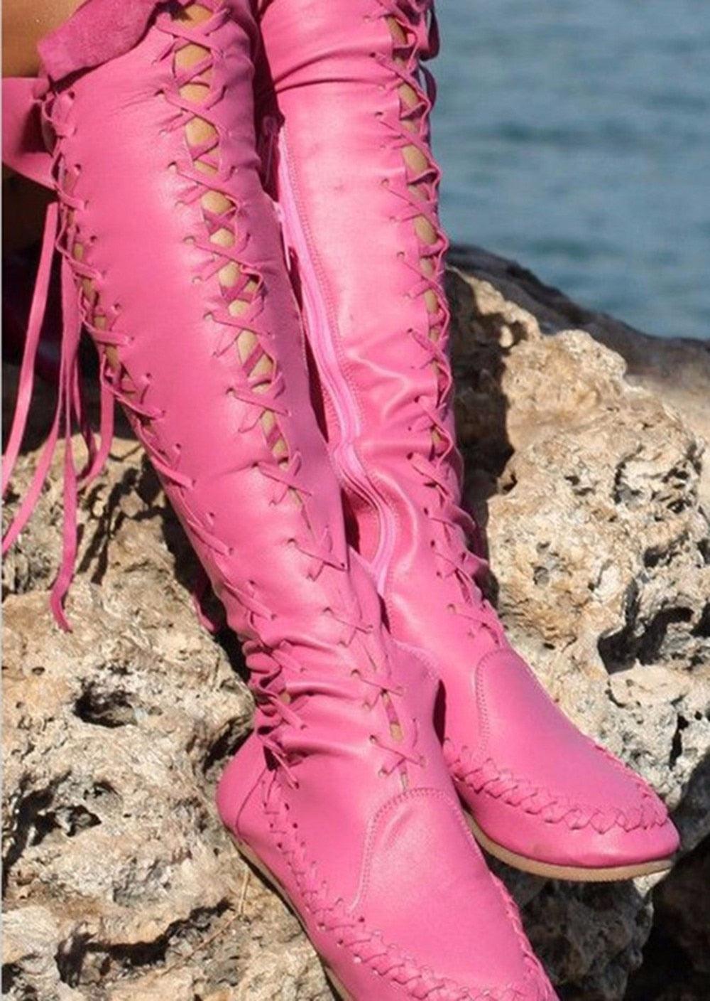 New PU lace up high long boots round head Roman flat women shoes summer Martin boots ladies over the knee boots - Plushlegacy