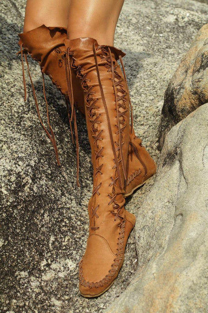 New PU lace up high long boots round head Roman flat women shoes summer Martin boots ladies over the knee boots - Plushlegacy