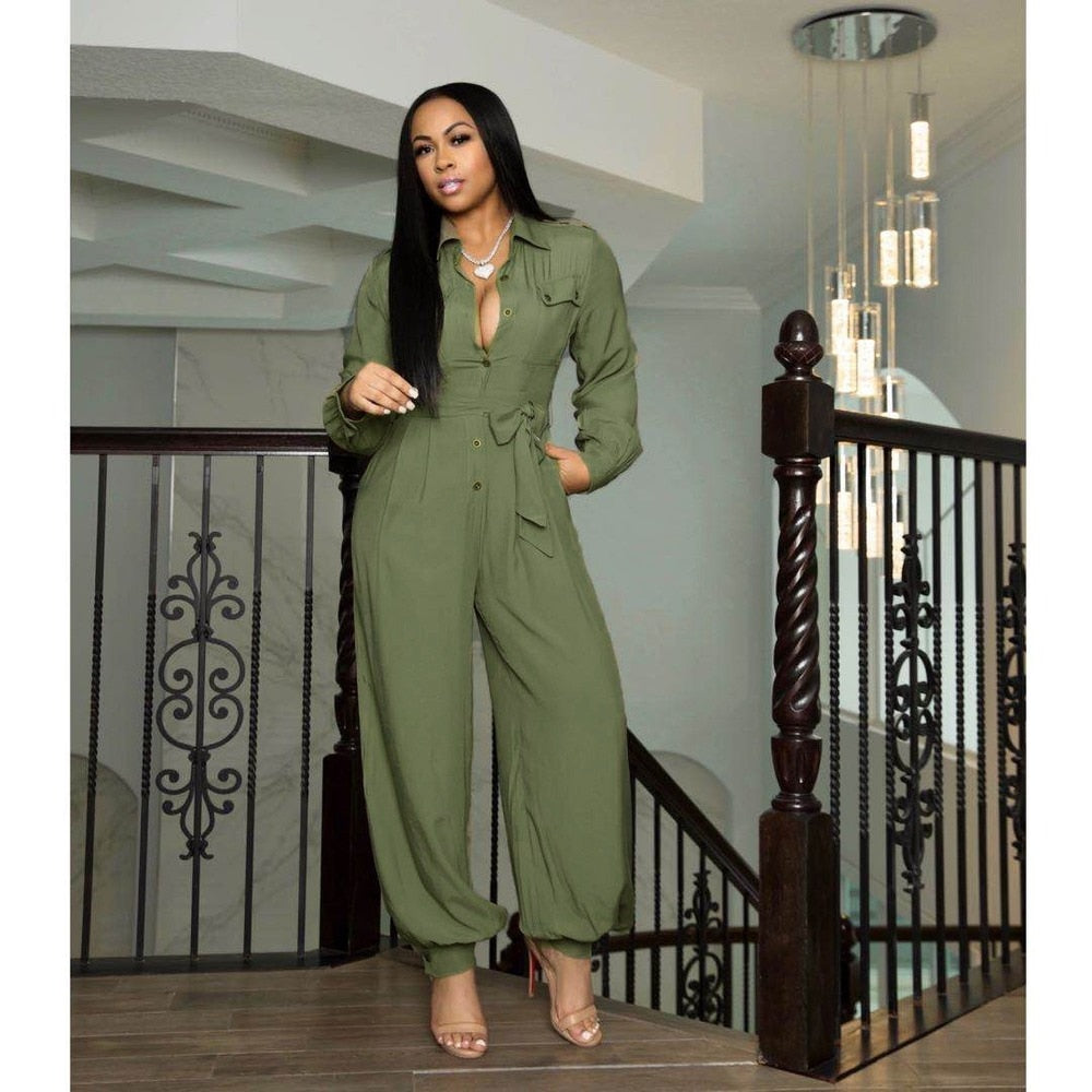 Casual Loose Women's Jumpsuit Full Sleeve Button Up Overalls With Sashes Streetwear Autumn One Piece Outfit Rompers Cargo Pants - Plushlegacy