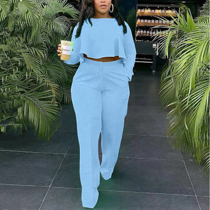 Women Fall Fashion Two Piece Set Casual Suits Solid Color Full Sleeve Dip Hem Crop Top Shirt & Loose Pants Set - Plushlegacy