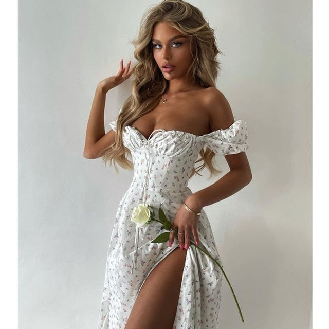 Summer Dress Women Short Puff Sleeve Flroal Printed Ruched  High Split  Sundress - Plushlegacy