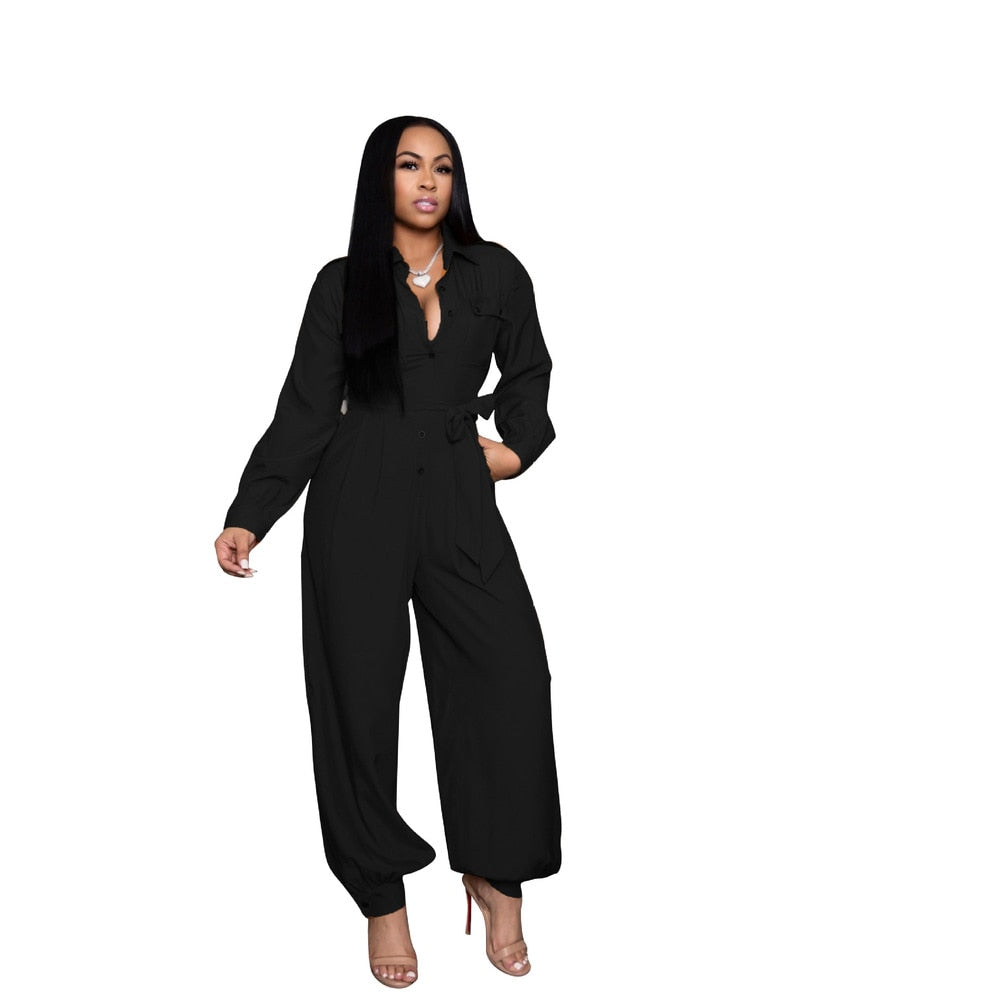 Casual Loose Women's Jumpsuit Full Sleeve Button Up Overalls With Sashes Streetwear Autumn One Piece Outfit Rompers Cargo Pants - Plushlegacy
