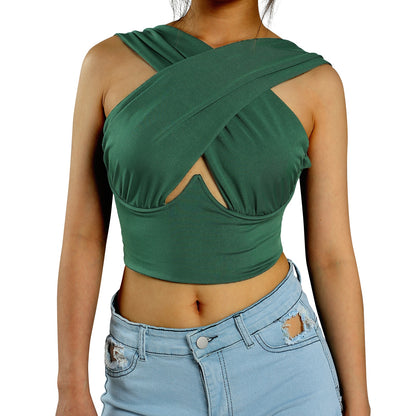 Women's Criss Cross Tank Top Sleeveless Solid Color Cutout Front Crop Tops Party Club Streetwear Summer  Top - Plushlegacy
