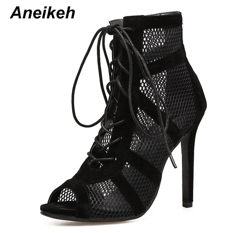 Aneikeh  New Mature Mesh Women Boots Floral Lace-Up Thin High Heels Ankle Pointed Toed Party Wedding Shoes Black Size 35-40 - Plushlegacy