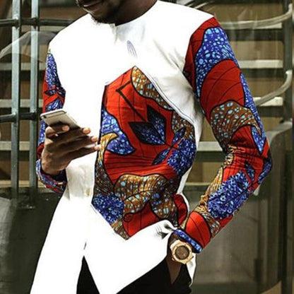 1 New Men's Pattern Print Shirt Spring Summer Male Plus Size Casual Long-Sleeved Shirts For Man Clothing African White Tops - Plushlegacy
