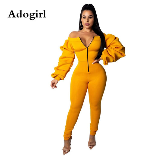 Plus Size XXL Zipper Front Slash Neck Off Shoulder Jumpsuit Long Puff Sleeve Thick Romper Fashion Solid Color Female Outfits - Plushlegacy