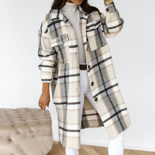 Autumn Winter Women Checked Jacket Casual Turn Down Collar Plaid Long Coat Female Oversized Thick Warm Woolen Blends Overcoat - Plushlegacy