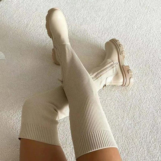 Women Knee-high Boots Autumn Women's Stretch PU Knitted Long Boots Woman Platform Flats Winter Ladies Zip Shoes Big Size - Plushlegacy