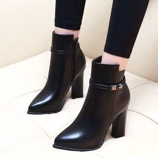 Women 7CM/9CM High Heel Pointed Toe Ankle Boots Fashion Zipper Dress Boots Short Plush Winter Black Split Leather Shoes G0000 - Plushlegacy