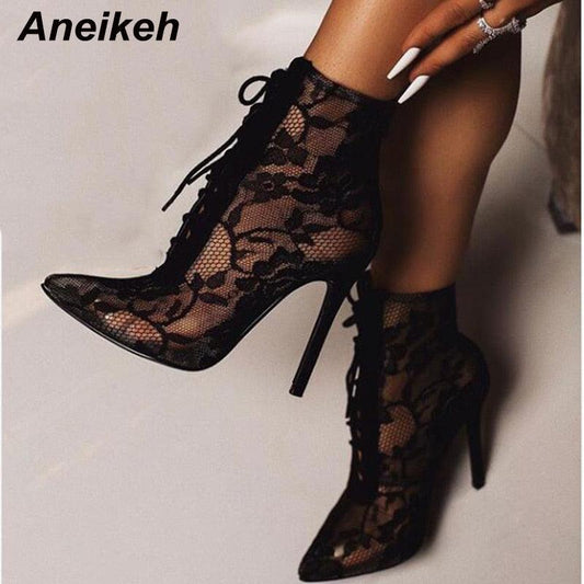Aneikeh  New Mature Mesh Women Boots Floral Lace-Up Thin High Heels Ankle Pointed Toed Party Wedding Shoes Black Size 35-40 - Plushlegacy