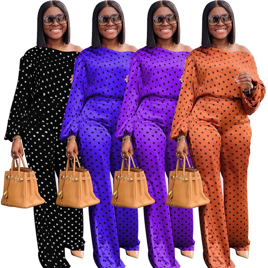 Newest Items  Women Tracksuits 2021 Fashion Dot Print Slash Neck Long Sleeves Loose Wide Leg Pants Jogger Two Pieces Outfits - Plushlegacy