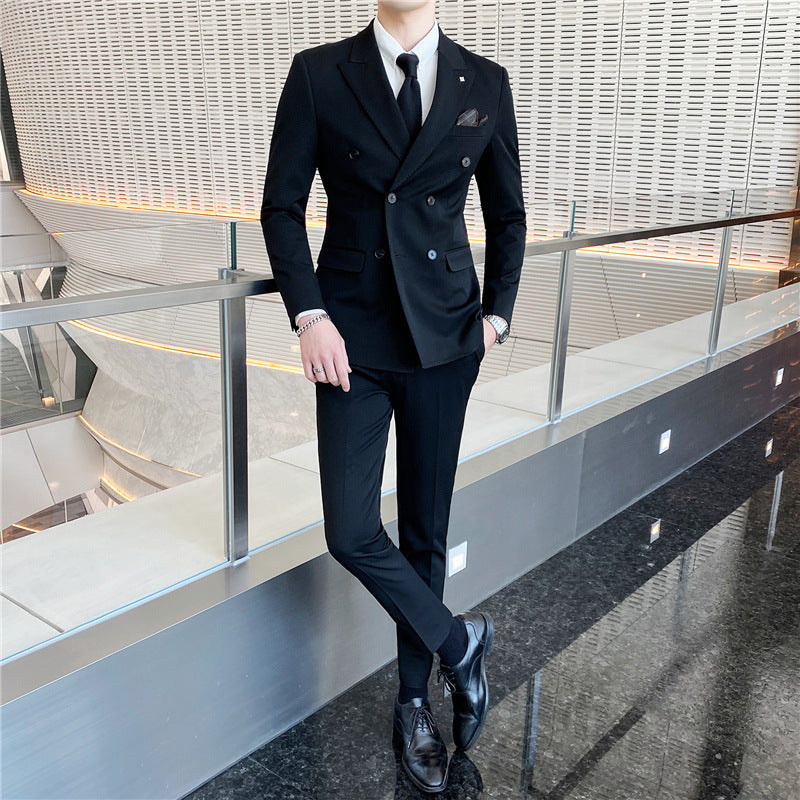 2022 spring new men's business fashion solid color double buckle suit three-piece set four seasons dress - Plushlegacy