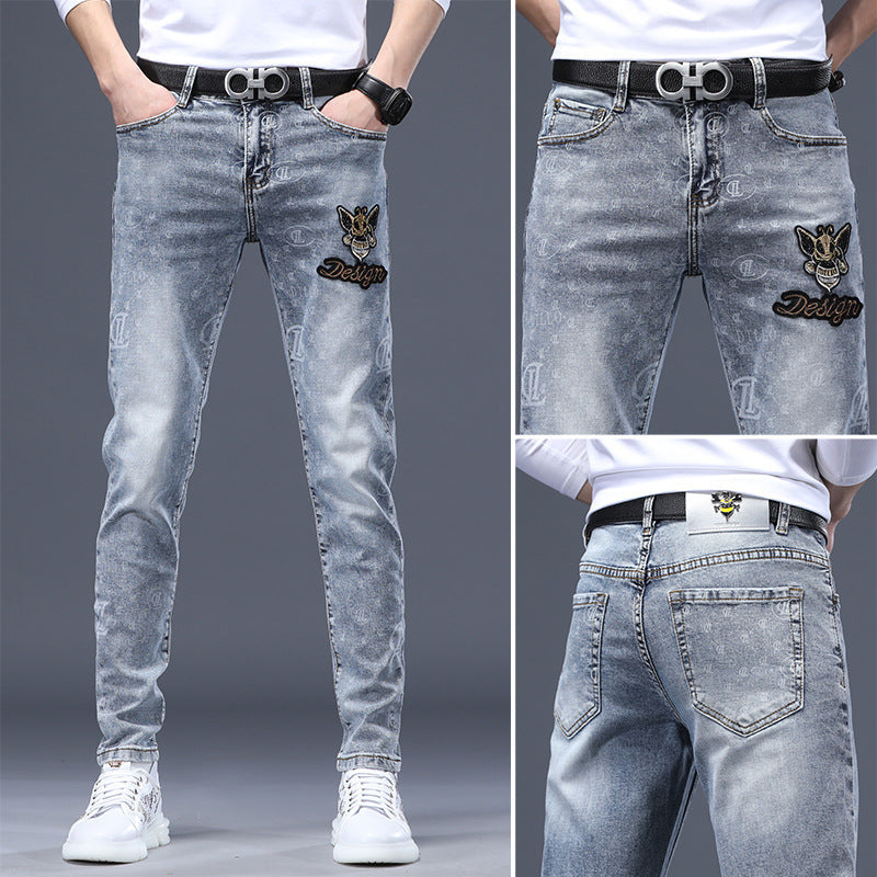 men's broken hole embroidered print hot diamond trend new elastic casual men's foot pants generation - Plushlegacy