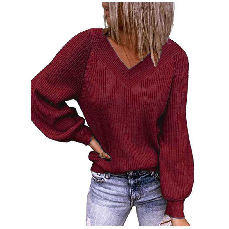 Long-sleeved sweater jacket 2021 European and autumn and winter new ladies autumn and winter solid color loose V-neck jacket top - Plushlegacy